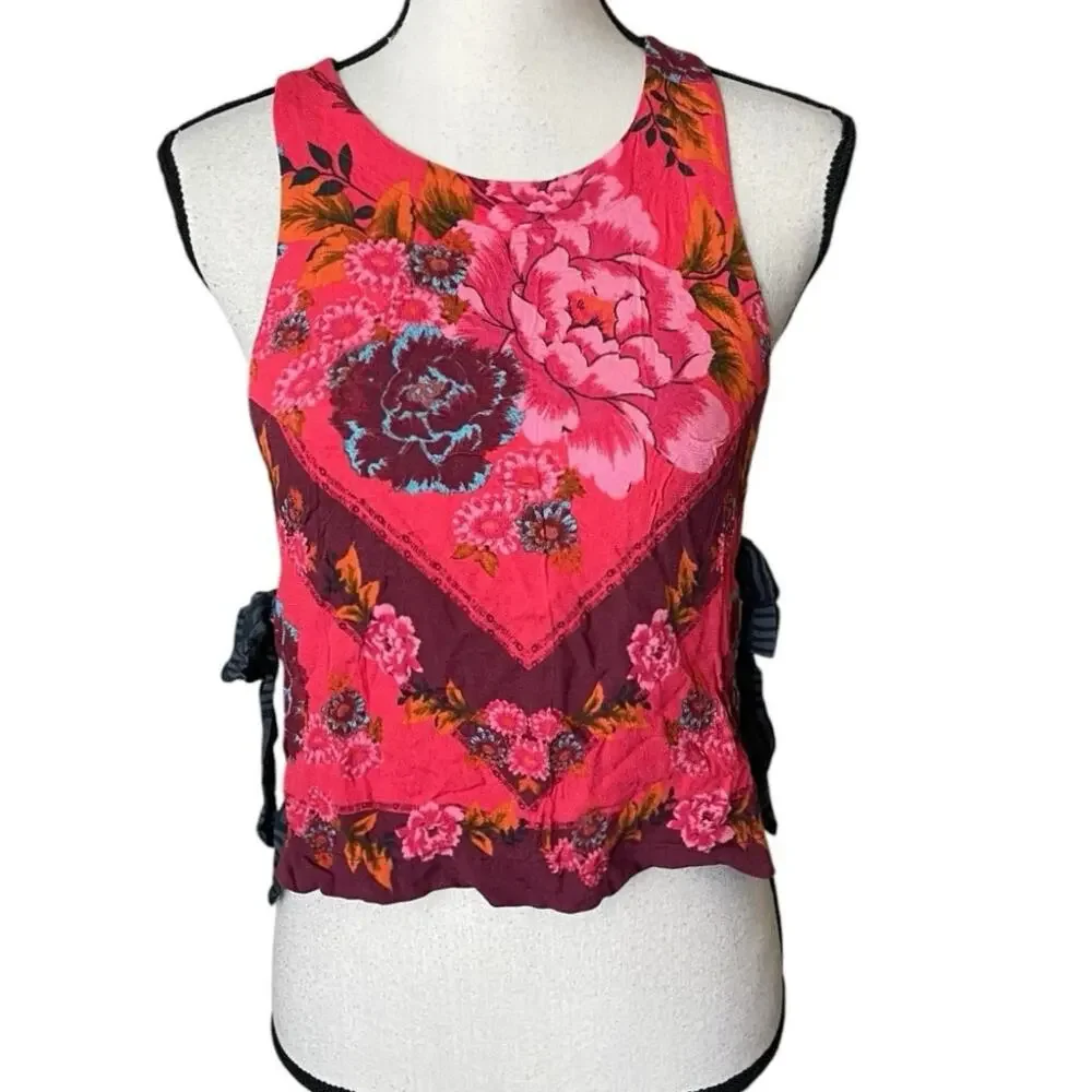 Free People This Sweet Love Top XS Floral Side Tie Scarf Tank Pink Red Boho
